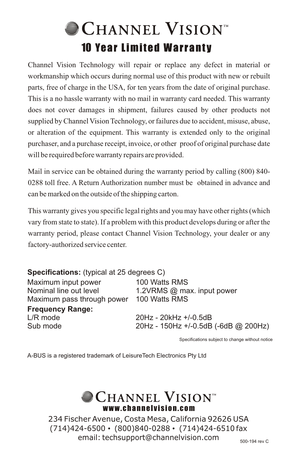 Channel Vision A0302 User Manual | Page 8 / 8