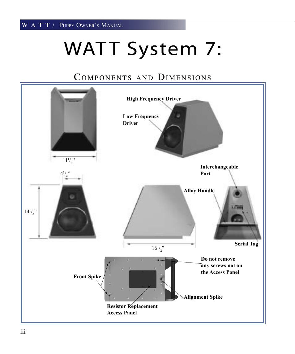 Wat t system 7, Omponents, Imensions | Wilson Audio WATT Series 7 User Manual | Page 6 / 66