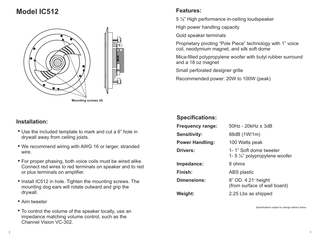 Model ic512 | Channel Vision IC512 User Manual | Page 2 / 2