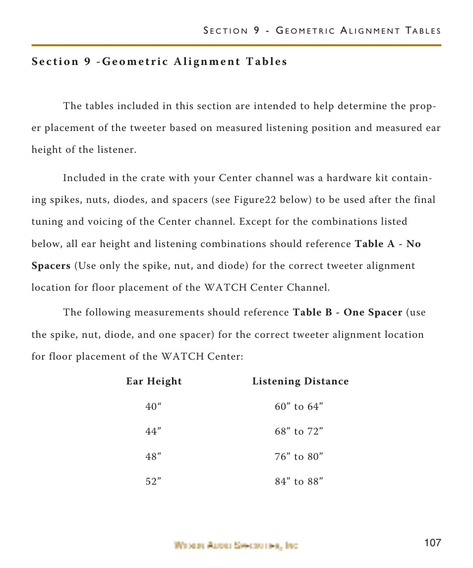 Section 9 -geometric alignme, Section 9 -geometric alignment table | Wilson Audio WATCH Center Channel Series 1 User Manual | Page 107 / 121