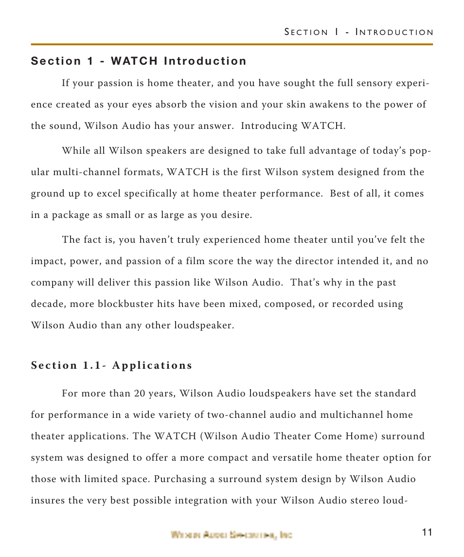 Section 1 - watch introducti, Section 1.1- applications, Section 1 - watch introduction | Wilson Audio WATCH Center Channel Series 1 User Manual | Page 11 / 121