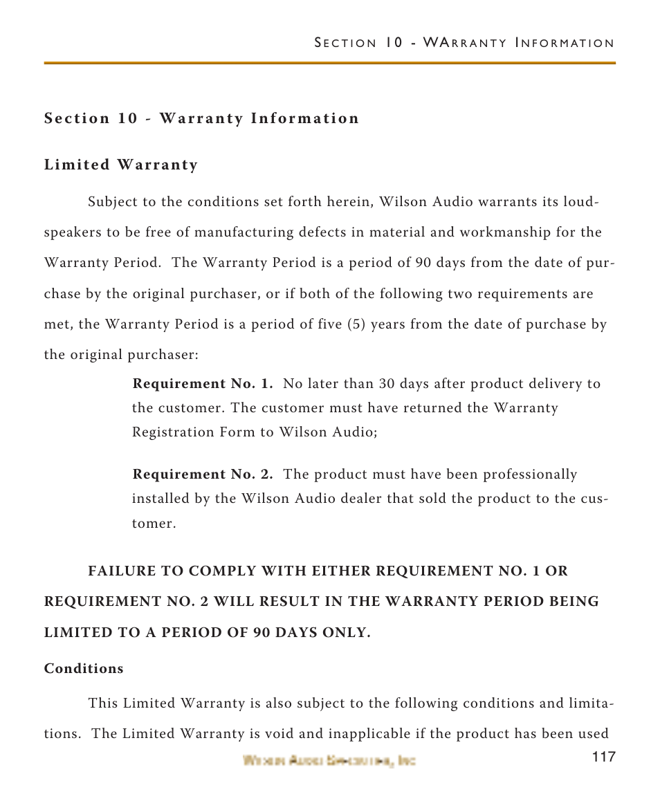 Section 10 - warranty inform, Limited warranty, Section 10 - warranty information | Wilson Audio WATCH Center Channel Series 1 User Manual | Page 117 / 121