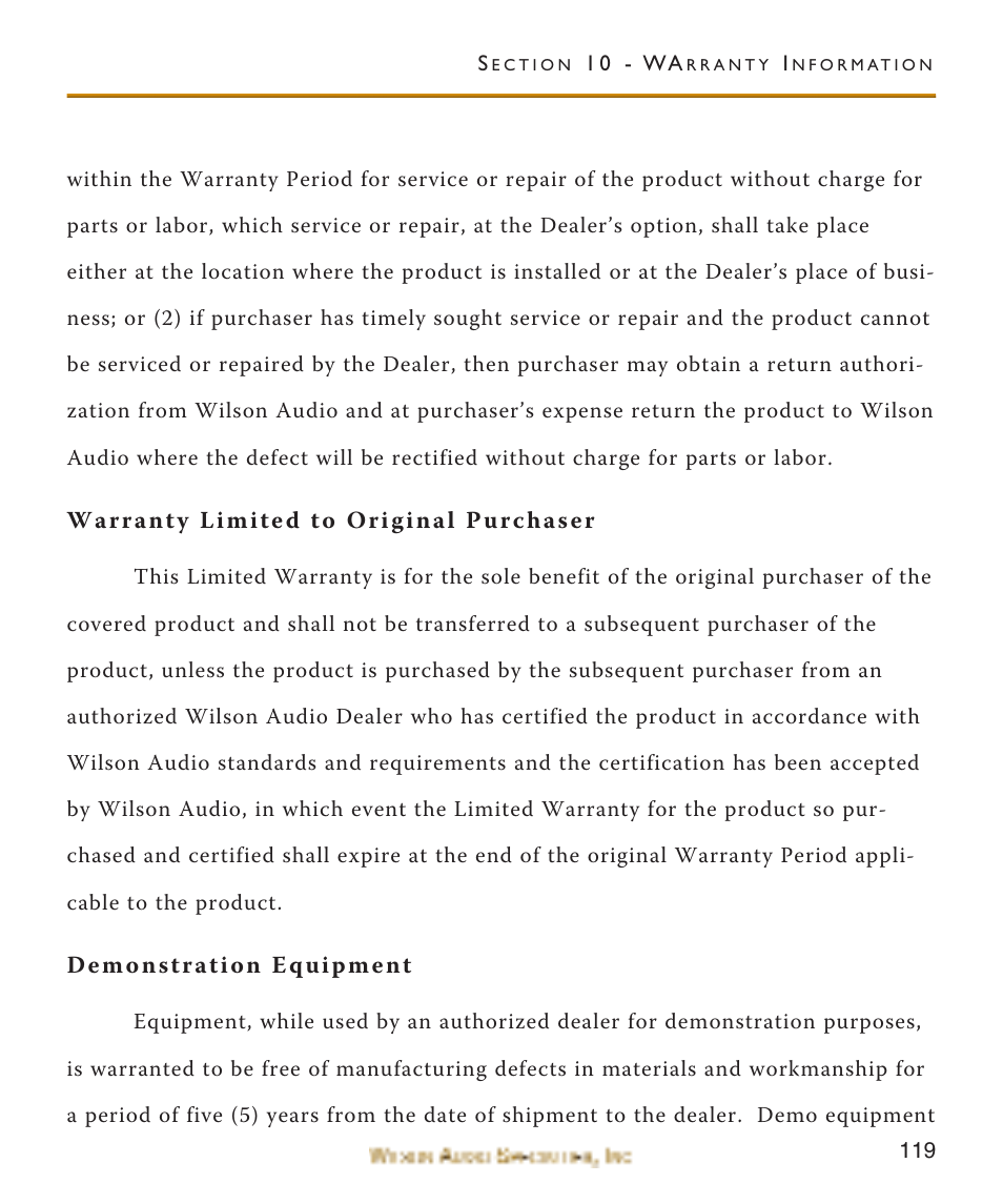 Warranty limited to original, Demonstration equipment | Wilson Audio WATCH Center Channel Series 1 User Manual | Page 119 / 121