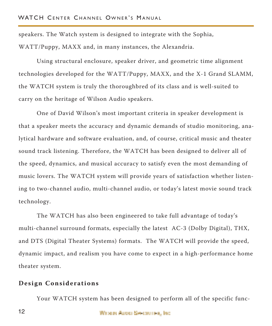 Design considerations | Wilson Audio WATCH Center Channel Series 1 User Manual | Page 12 / 121