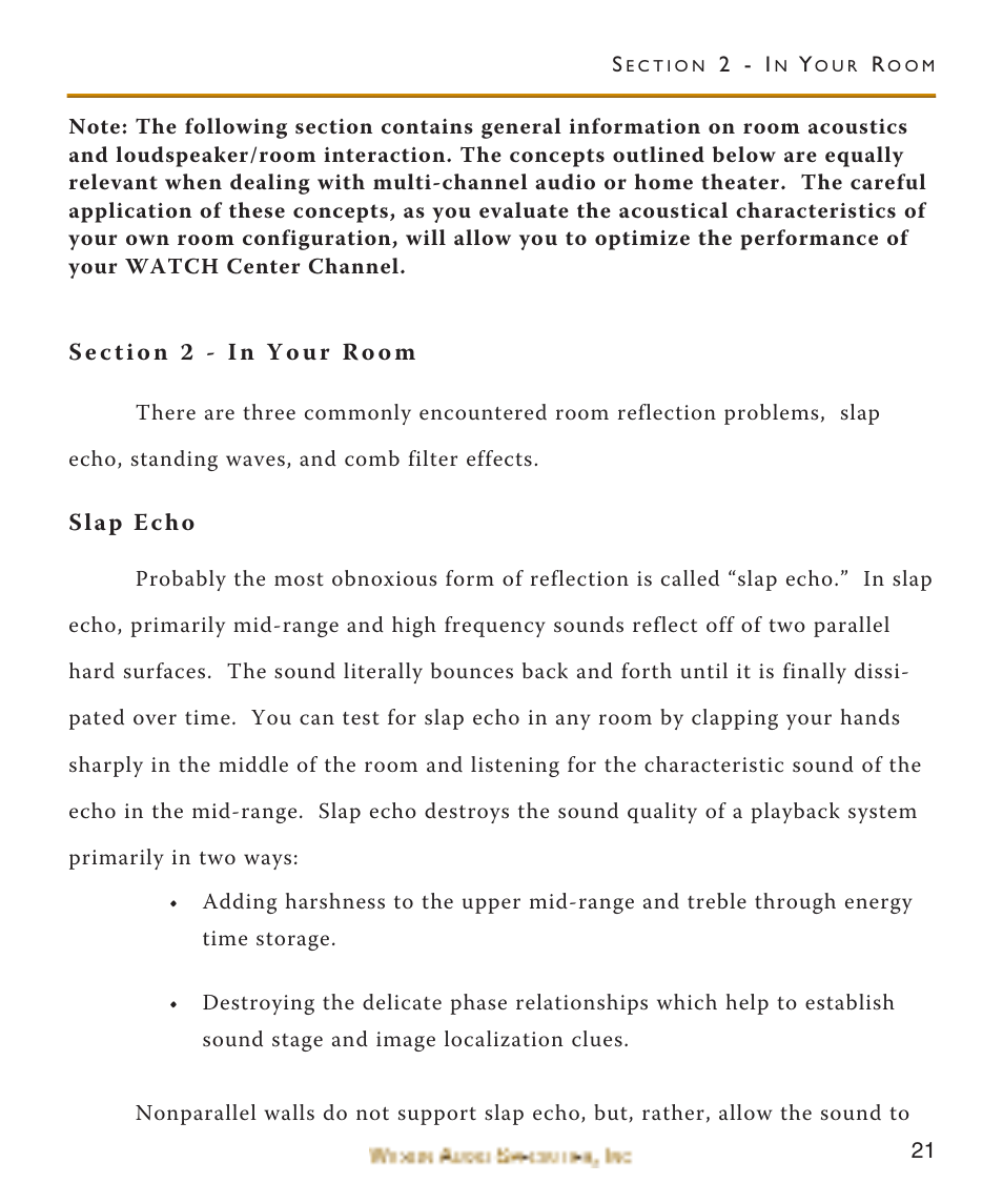 Section 2 - in your room, Slap echo | Wilson Audio WATCH Center Channel Series 1 User Manual | Page 21 / 121