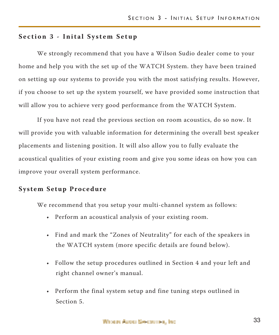 Section 3 - inital system se, System setup procedure, Section 3 - inital system setup | Wilson Audio WATCH Center Channel Series 1 User Manual | Page 33 / 121