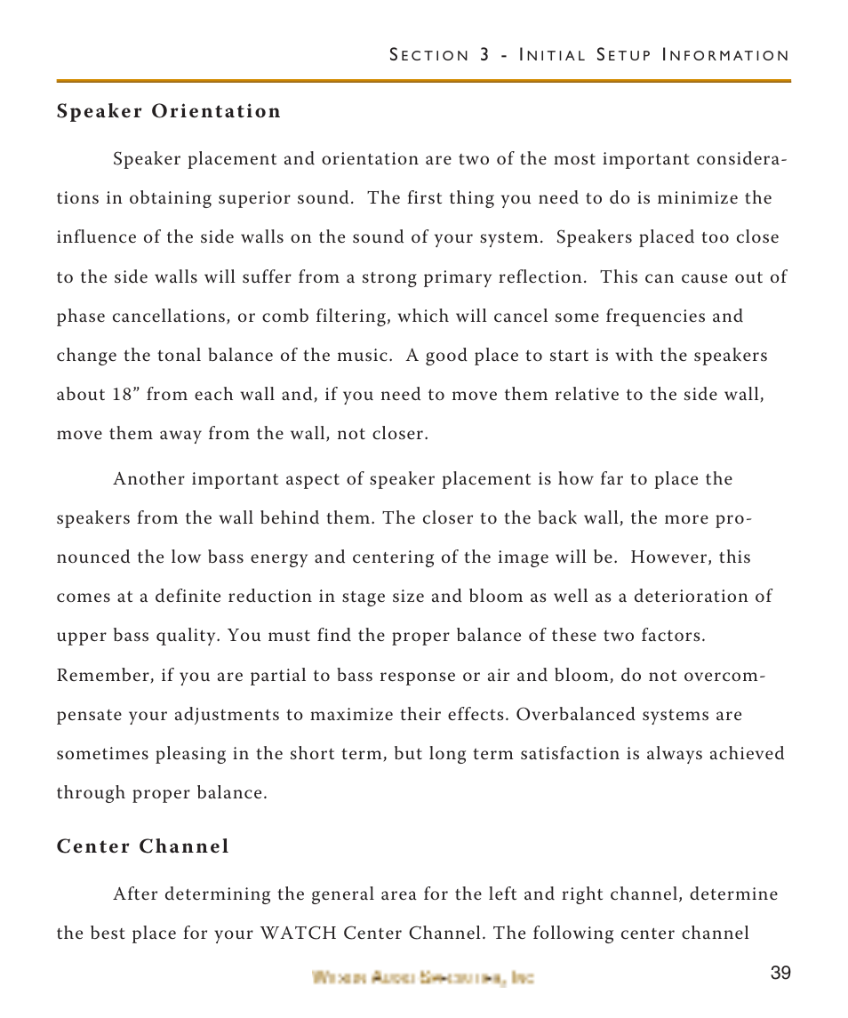 Speaker orientation, Center channel, Speaker orientation center channel | Wilson Audio WATCH Center Channel Series 1 User Manual | Page 39 / 121