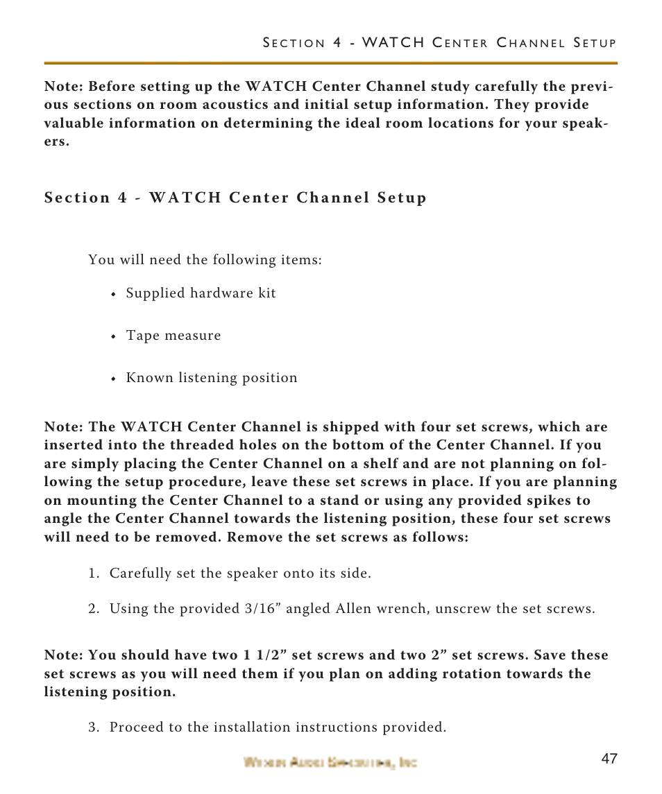 Section 4 - watch center cha, Section 4 - watch center channel setup | Wilson Audio WATCH Center Channel Series 1 User Manual | Page 47 / 121