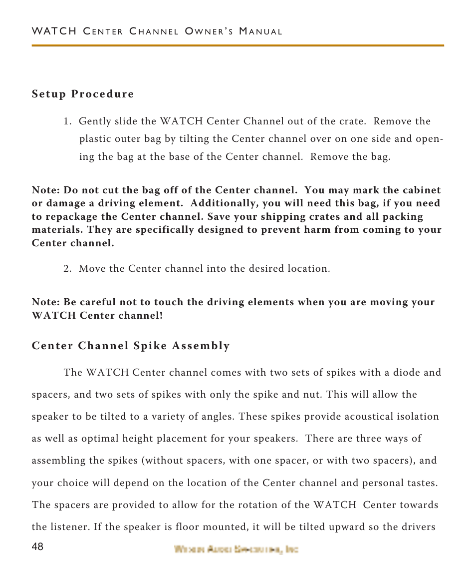 Setup procedure, Center channel spike assembly, Setup procedure center channel spike assembly | Wilson Audio WATCH Center Channel Series 1 User Manual | Page 48 / 121