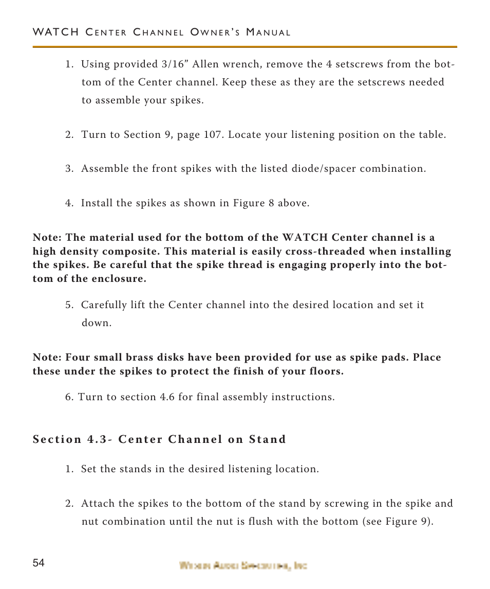 Section 4.3- center channel, Section 4.3- center channel on stand | Wilson Audio WATCH Center Channel Series 1 User Manual | Page 54 / 121