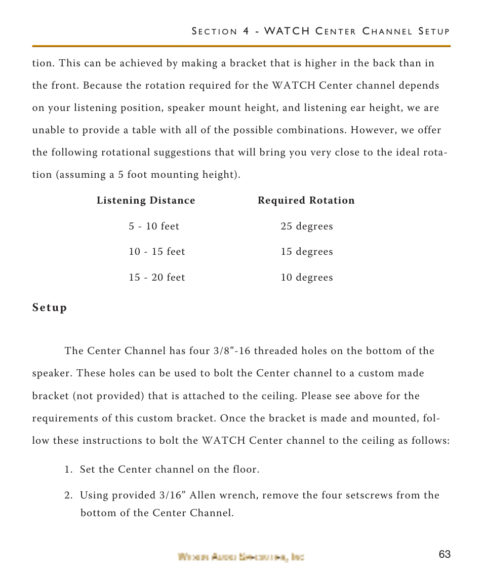 Setup | Wilson Audio WATCH Center Channel Series 1 User Manual | Page 63 / 121