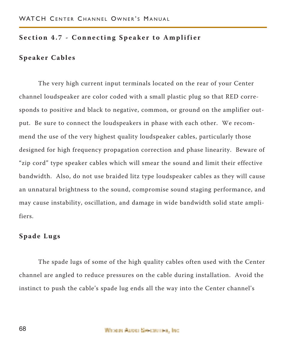 Speaker cables, Spade lugs, Speaker cables spade lugs | Wilson Audio WATCH Center Channel Series 1 User Manual | Page 68 / 121