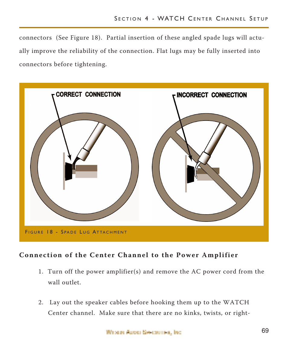Connection of the center to, Connection of the center to the power amplifier | Wilson Audio WATCH Center Channel Series 1 User Manual | Page 69 / 121