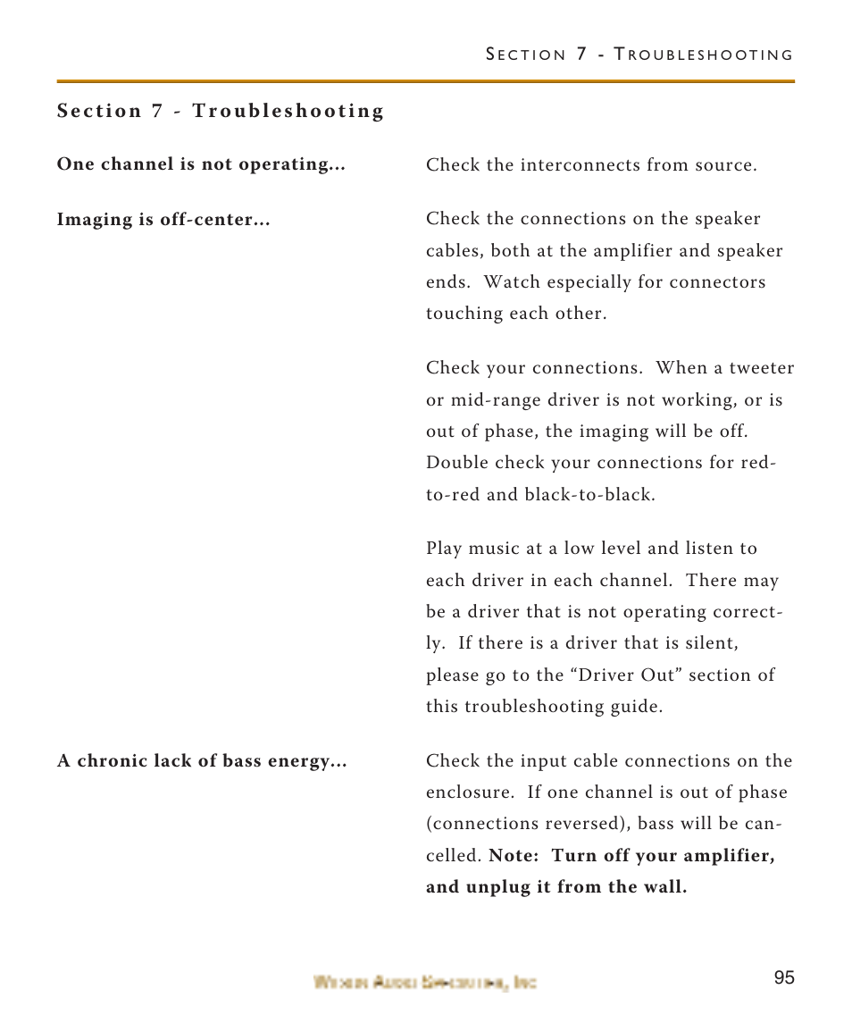 Section 7 - troubleshooting | Wilson Audio WATCH Center Channel Series 1 User Manual | Page 95 / 121