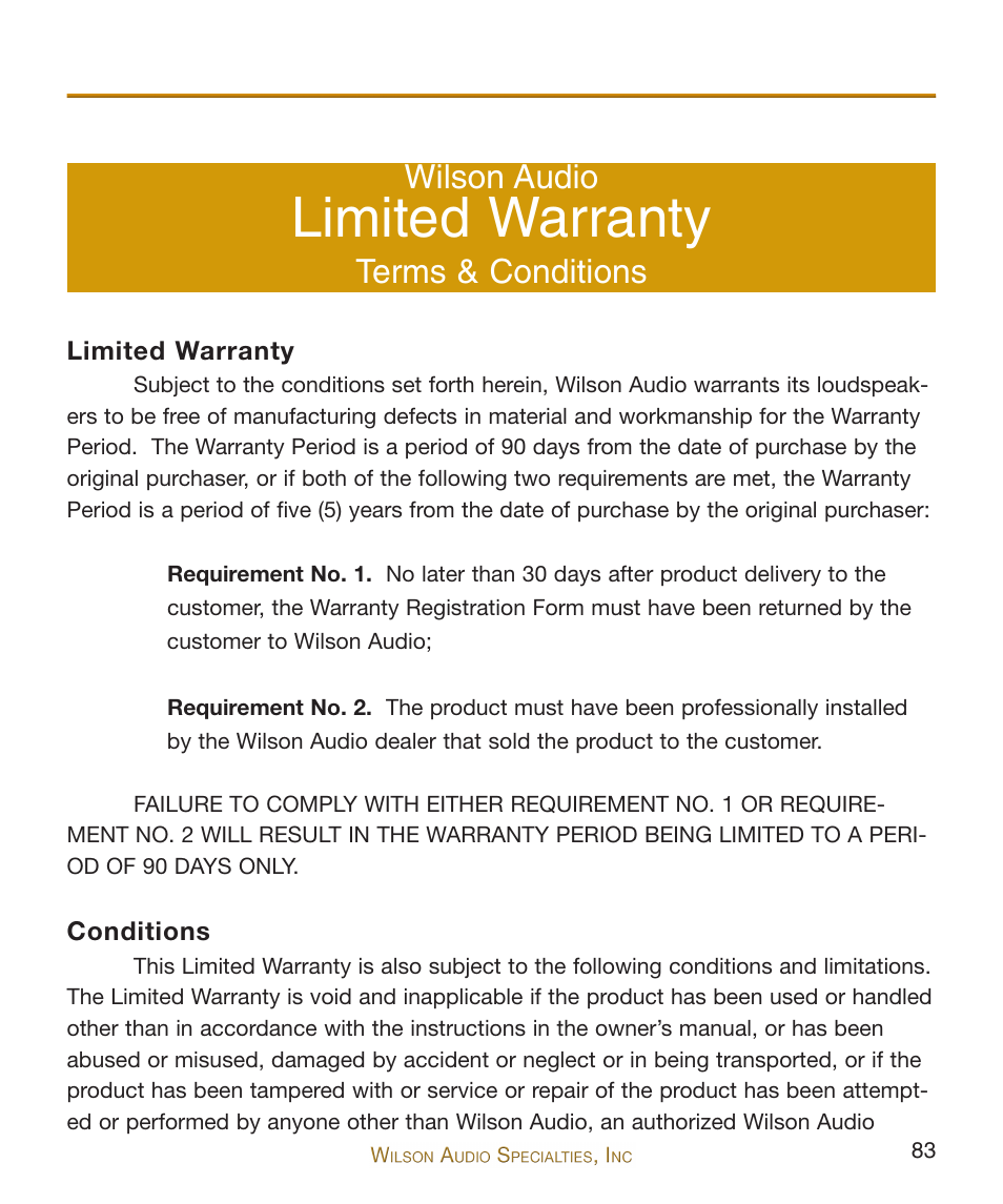 Limited warranty, Wilson audio, Terms & conditions | Wilson Audio WATCH Dog Subwoofer Series-2 User Manual | Page 83 / 87