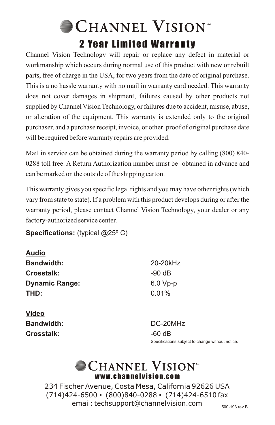 Channel Vision A4603 User Manual | Page 12 / 12