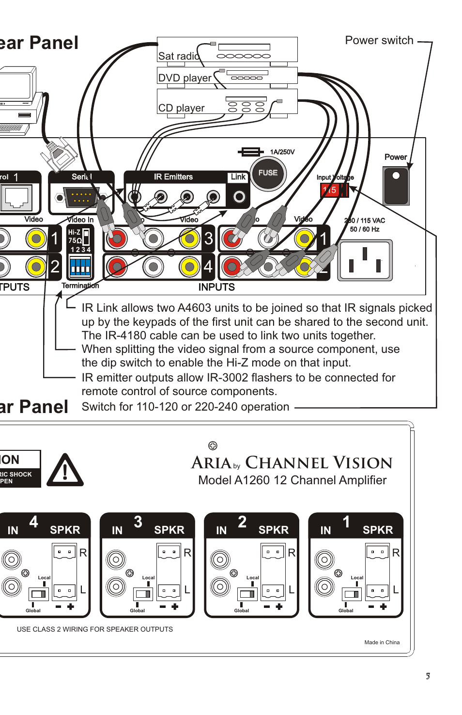 A4603 rear panel, A1260 rear panel, Aria | Channel vision, Caution, See page 4 for connection details, Spkr in, Global | Channel Vision A4603 User Manual | Page 7 / 12