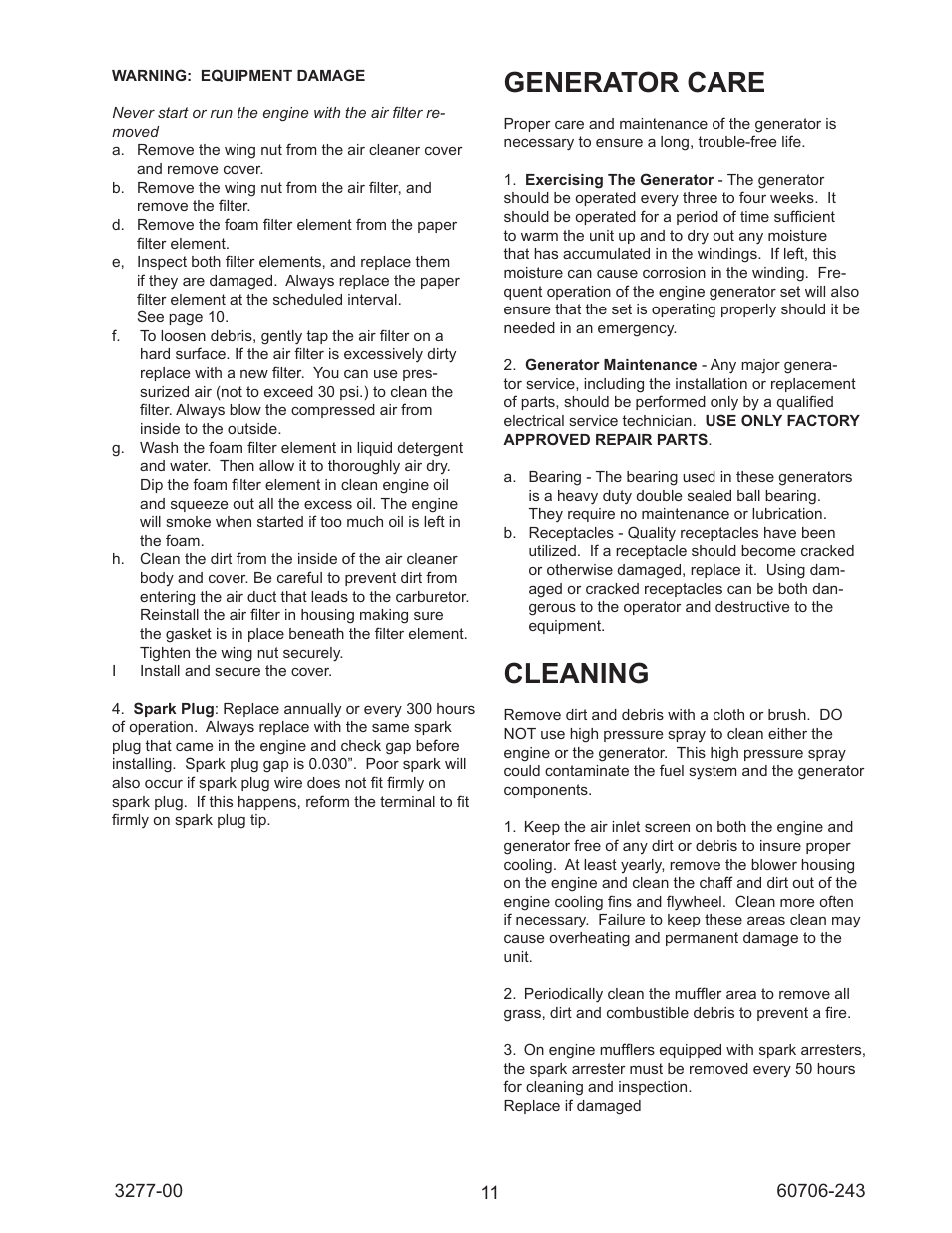 Generator care, Cleaning | Winco WT3000H/C User Manual | Page 11 / 16