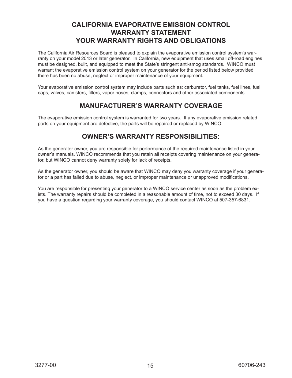 Manufacturer’s warranty coverage, Owner’s warranty responsibilities | Winco WT3000H/C User Manual | Page 15 / 16