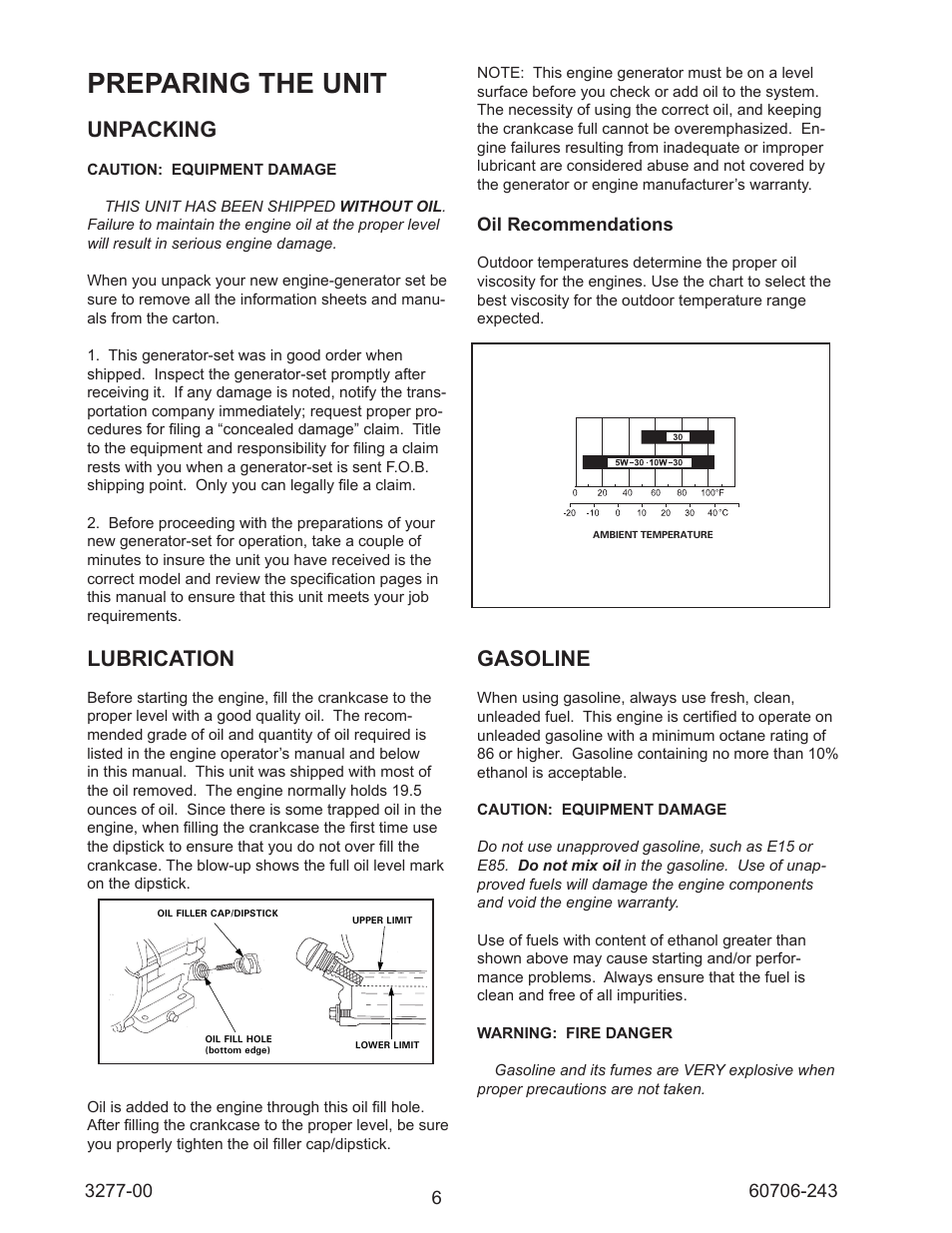 Preparing the unit, Unpacking, Lubrication | Gasoline, Oil recommendations | Winco WT3000H/C User Manual | Page 6 / 16