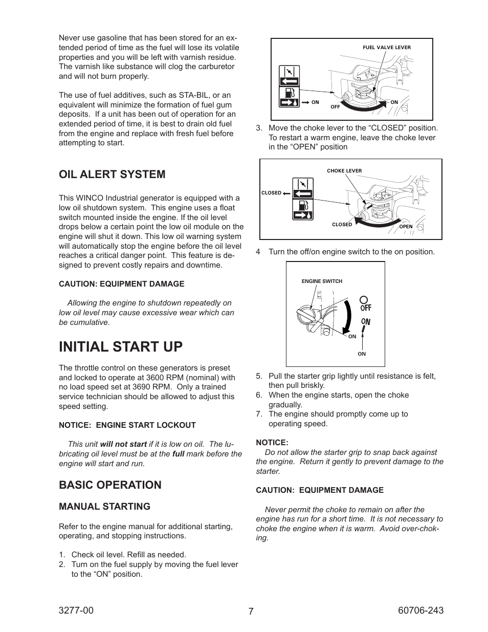 Initial start up, Oil alert system, Basic operation | Manual starting | Winco WT3000H/C User Manual | Page 7 / 16