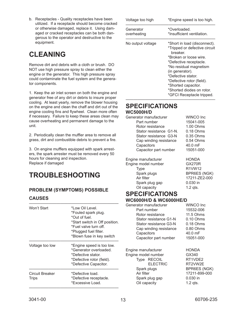 Cleaning, Troubleshooting, Specifications | Winco WC6000HE/D User Manual | Page 13 / 16