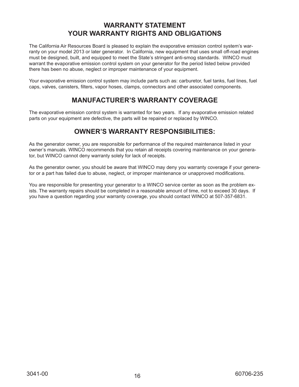 Manufacturer’s warranty coverage, Owner’s warranty responsibilities | Winco WC6000HE/D User Manual | Page 16 / 16