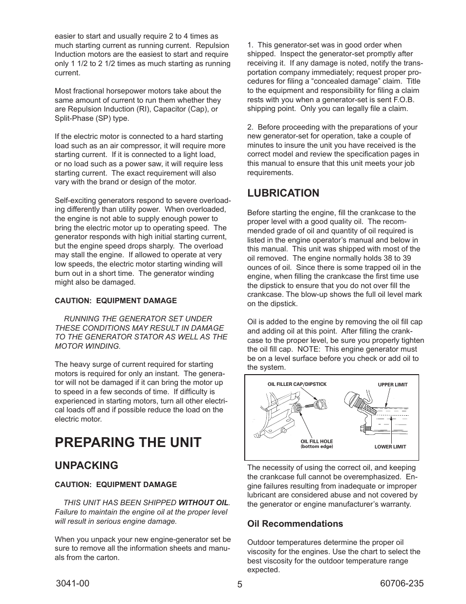 Preparing the unit, Unpacking, Lubrication | Oil recommendations | Winco WC6000HE/D User Manual | Page 5 / 16