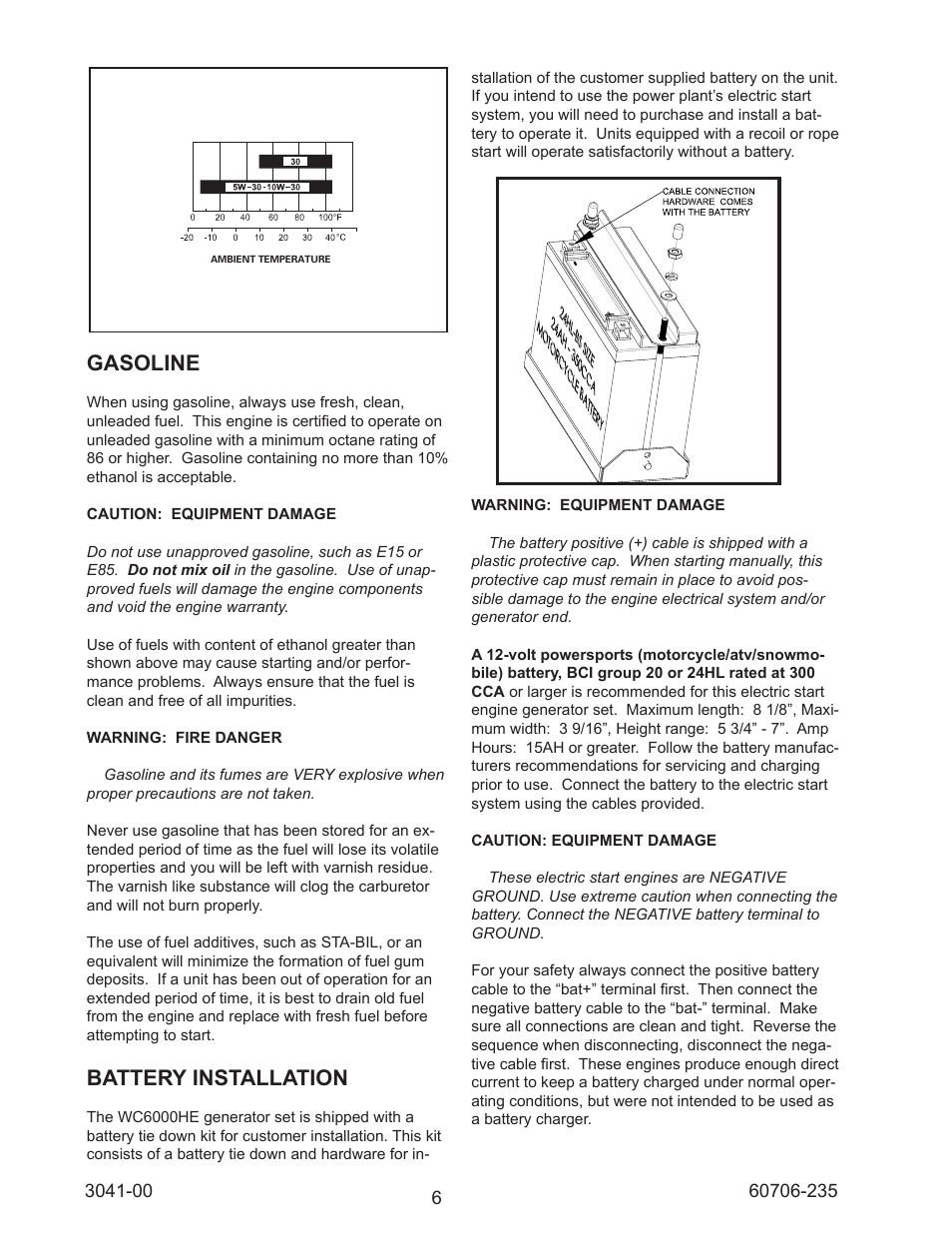Gasoline, Battery installation | Winco WC6000HE/D User Manual | Page 6 / 16