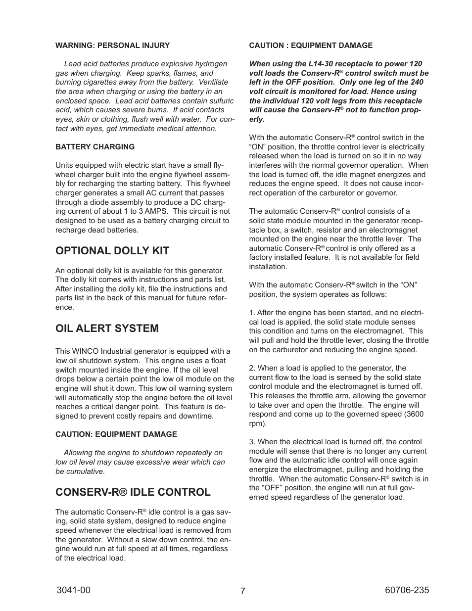 Optional dolly kit, Oil alert system, Conserv-r® idle control | Winco WC6000HE/D User Manual | Page 7 / 16