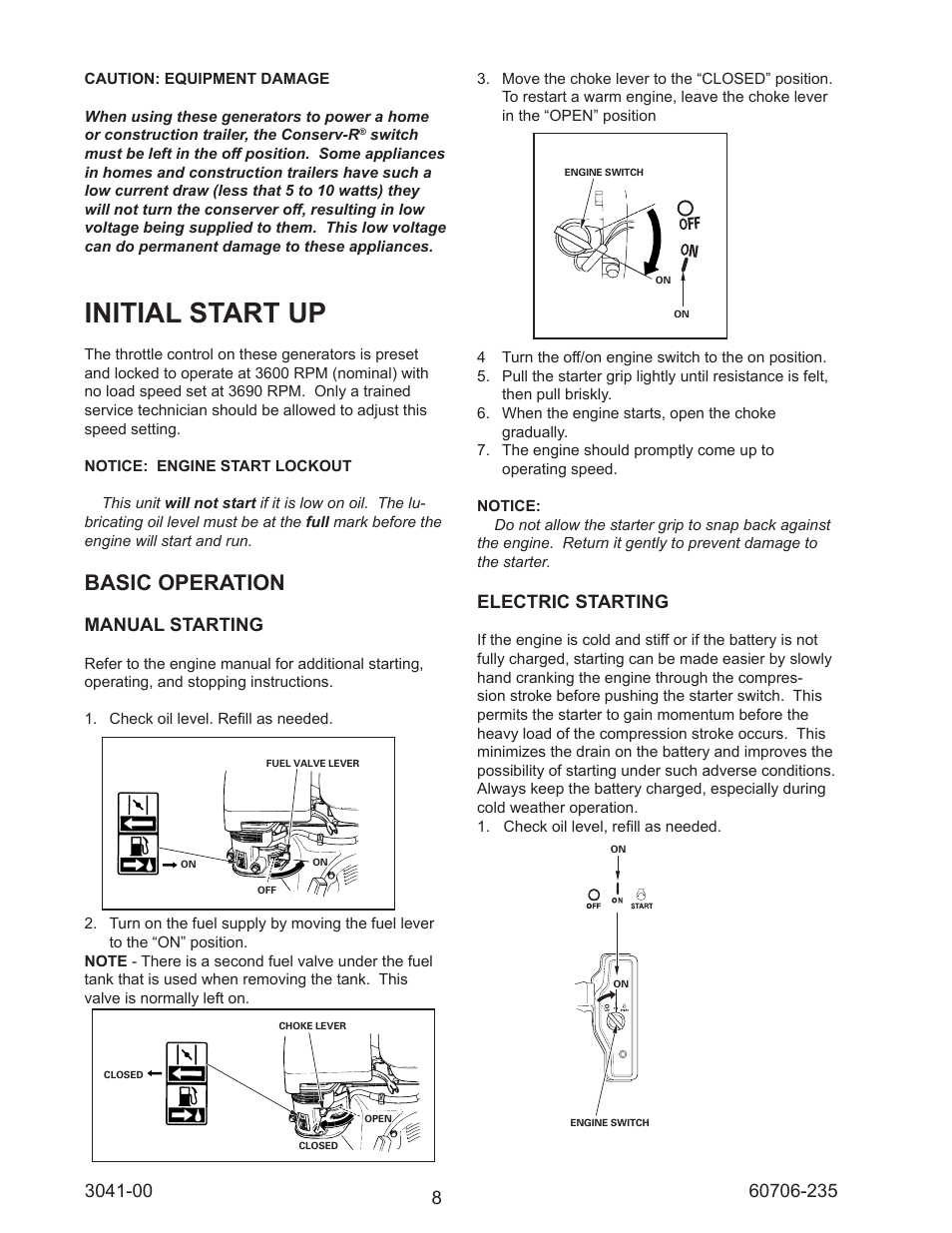 Initial start up, Basic operation, Manual starting | Electric starting, Operation | Winco WC6000HE/D User Manual | Page 8 / 16