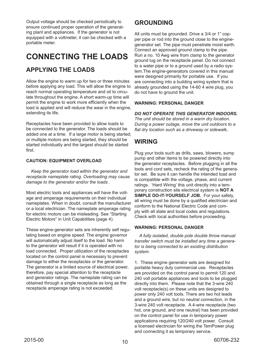 Connecting the loads, Applying the loads, Grounding | Wiring | Winco WC10000VE/E User Manual | Page 10 / 16