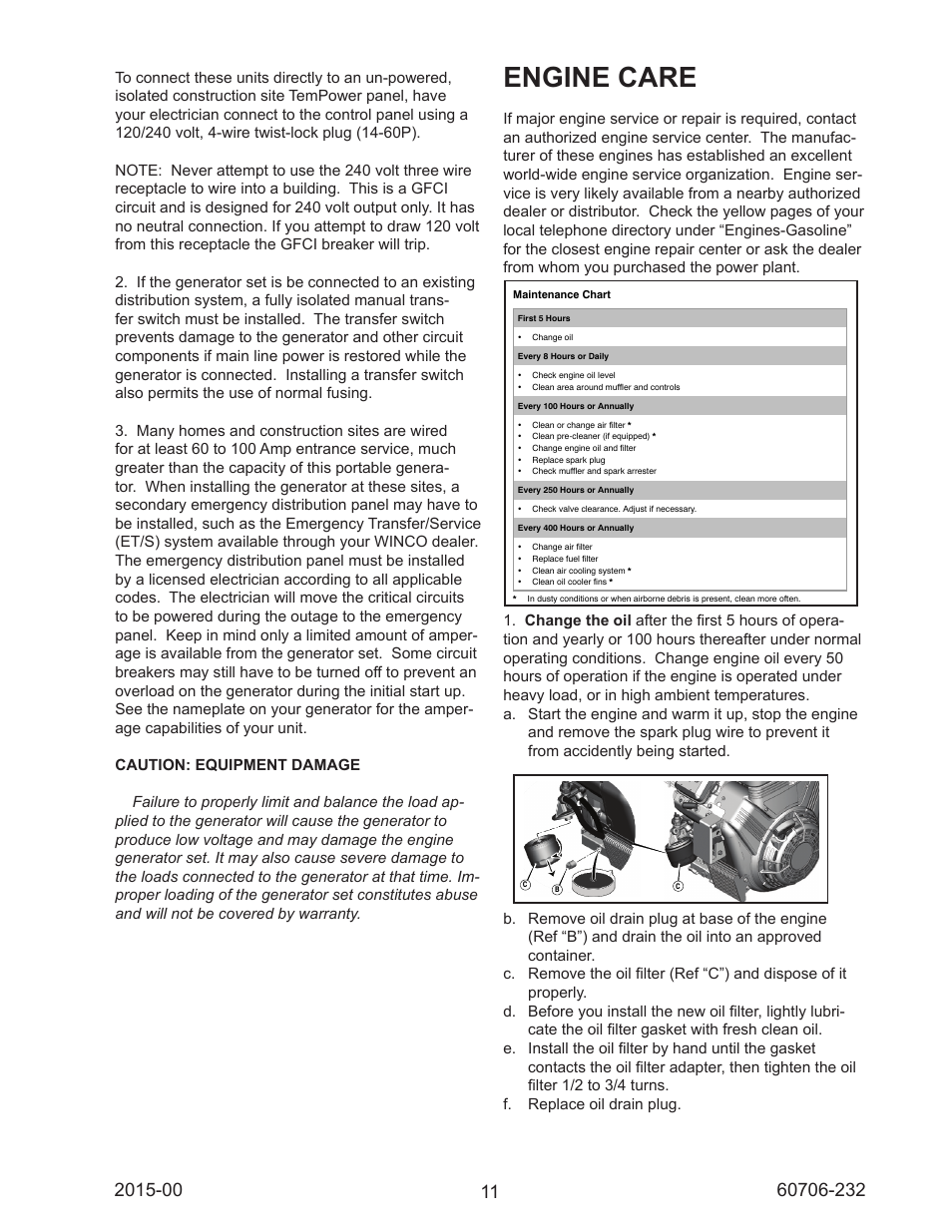 Engine care, Maintenance | Winco WC10000VE/E User Manual | Page 11 / 16