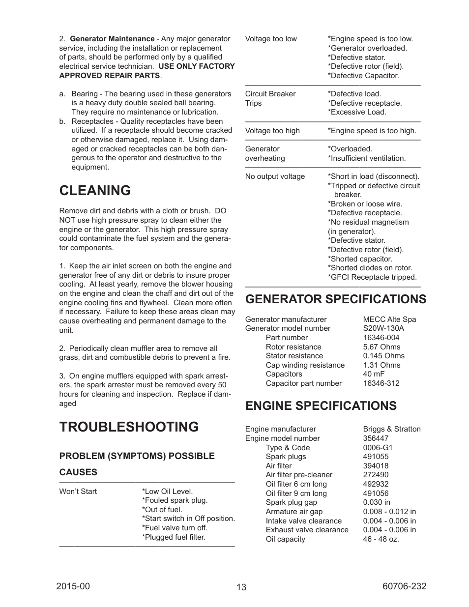 Cleaning, Troubleshooting, Generator specifications | Engine specifications | Winco WC10000VE/E User Manual | Page 13 / 16