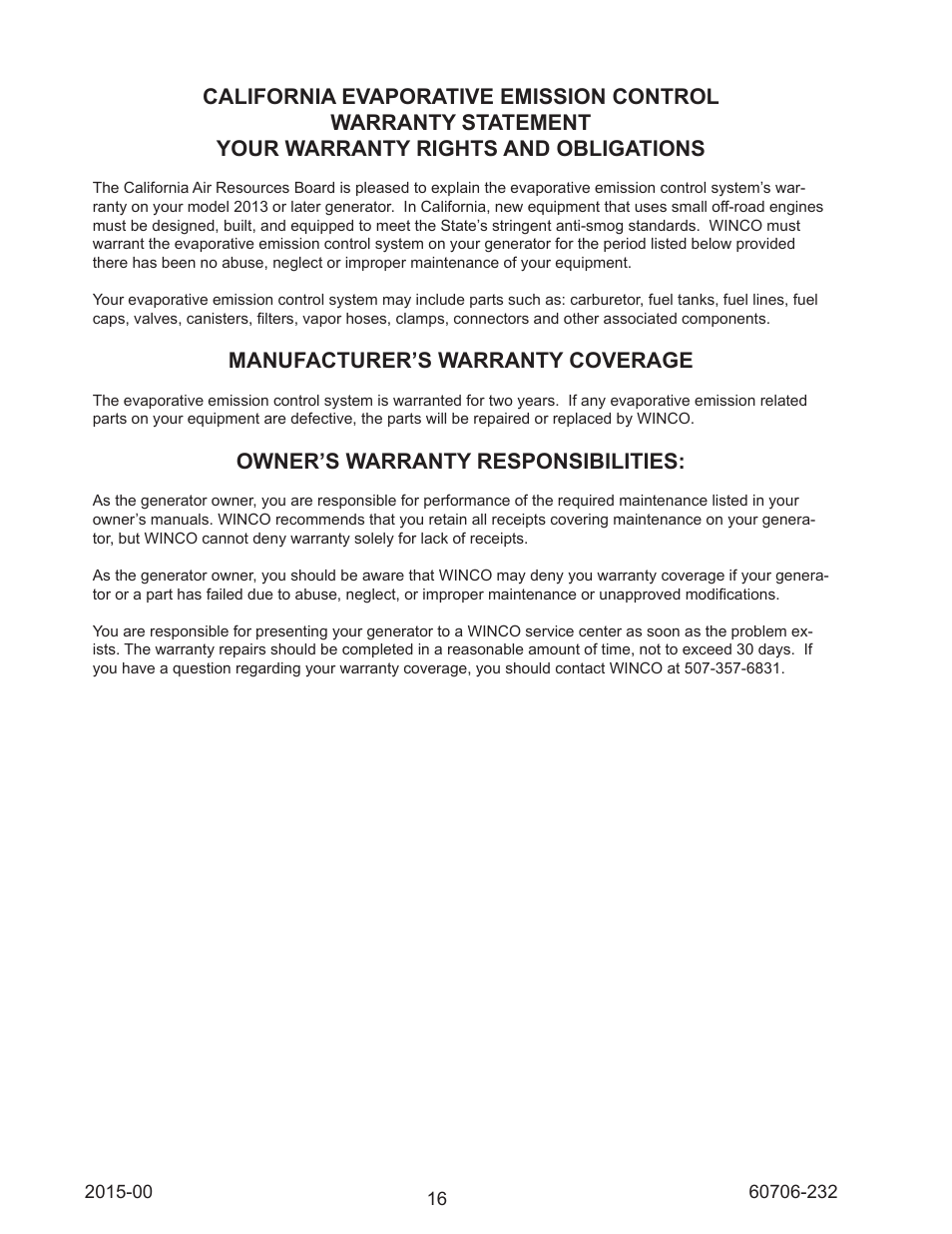 Manufacturer’s warranty coverage, Owner’s warranty responsibilities | Winco WC10000VE/E User Manual | Page 16 / 16