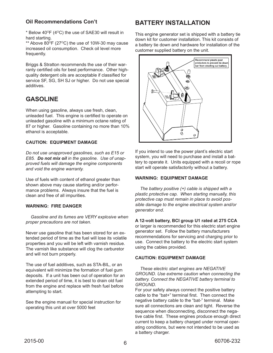 Gasoline, Battery installation | Winco WC10000VE/E User Manual | Page 6 / 16