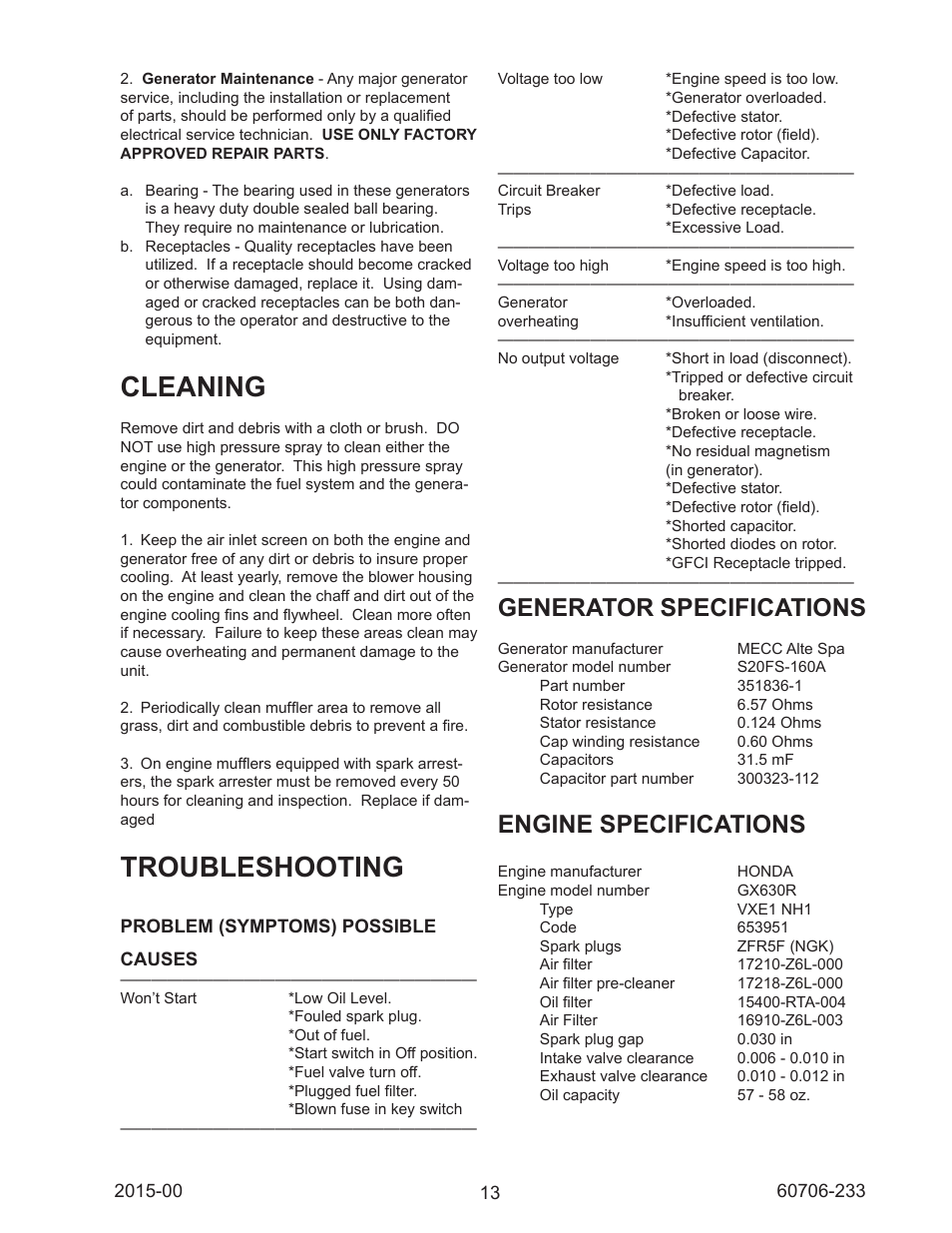 Cleaning, Troubleshooting, Generator specifications | Engine specifications | Winco WL12000HE/K User Manual | Page 13 / 16