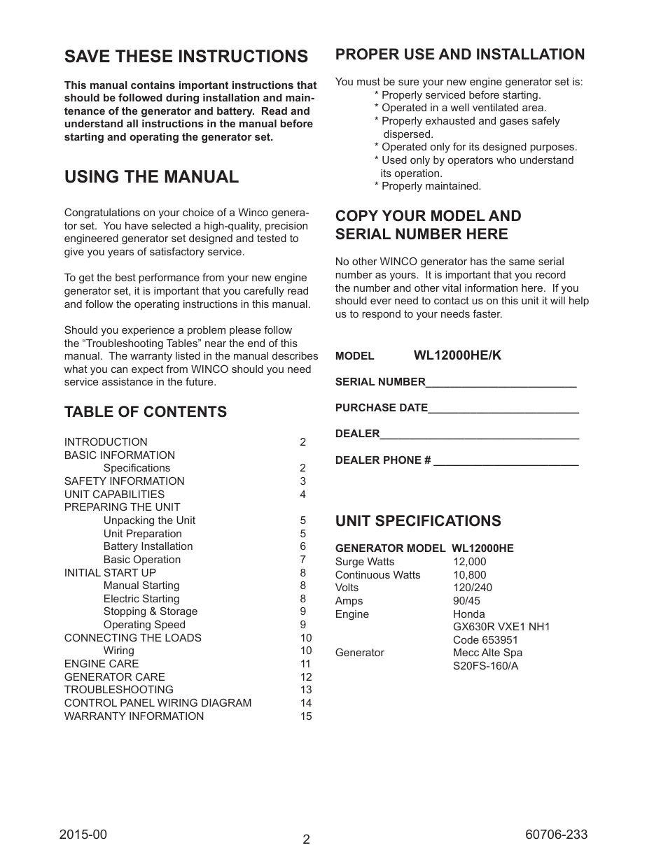 Winco WL12000HE/K User Manual | Page 2 / 16