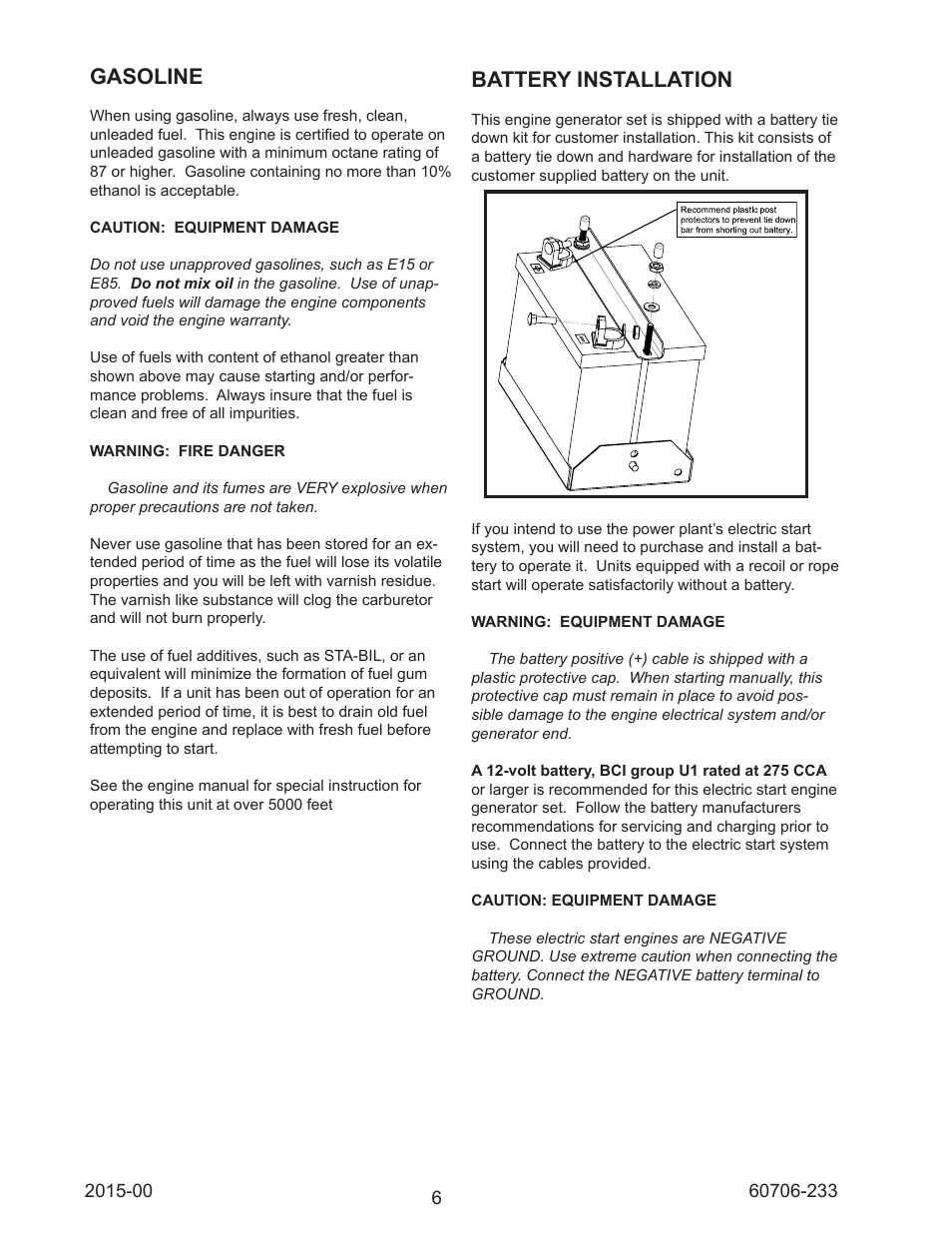 Gasoline, Battery installation | Winco WL12000HE/K User Manual | Page 6 / 16