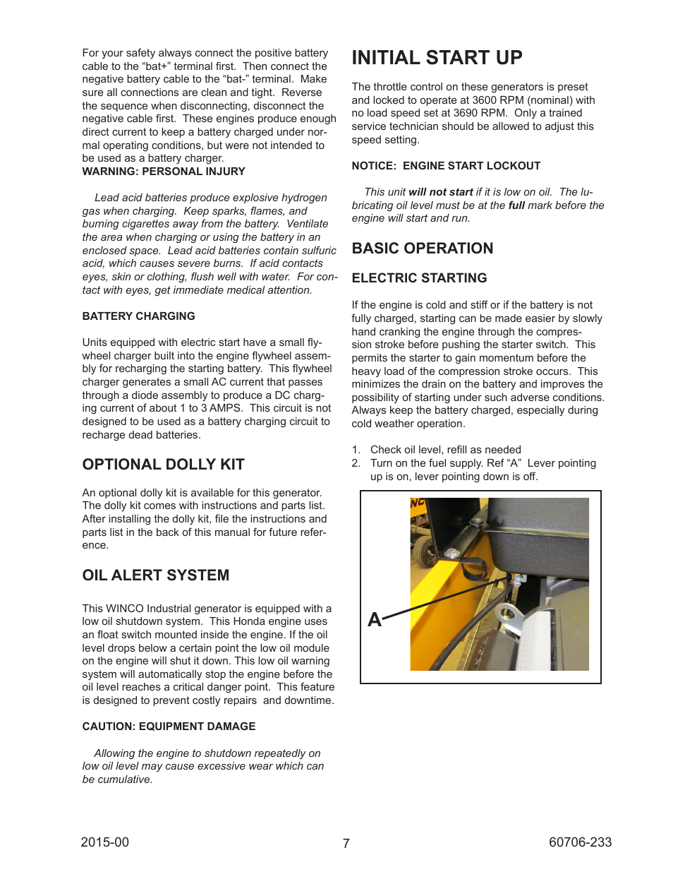 Initial start up, Optional dolly kit, Oil alert system | Basic operation | Winco WL12000HE/K User Manual | Page 7 / 16