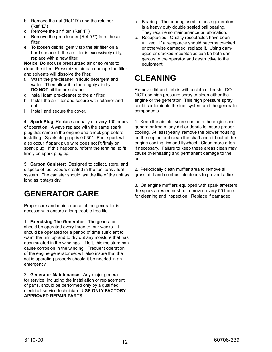Generator care, Cleaning | Winco WL18000VE/N User Manual | Page 12 / 16