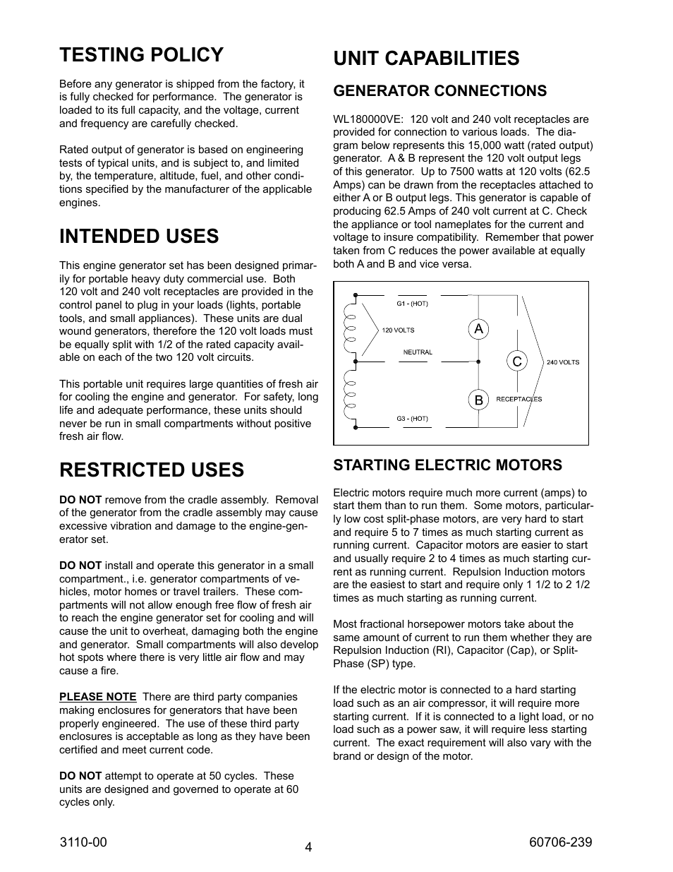 Testing policy, Intended uses, Restricted uses | Unit capabilities, Generator connections, Starting electric motors | Winco WL18000VE/N User Manual | Page 4 / 16