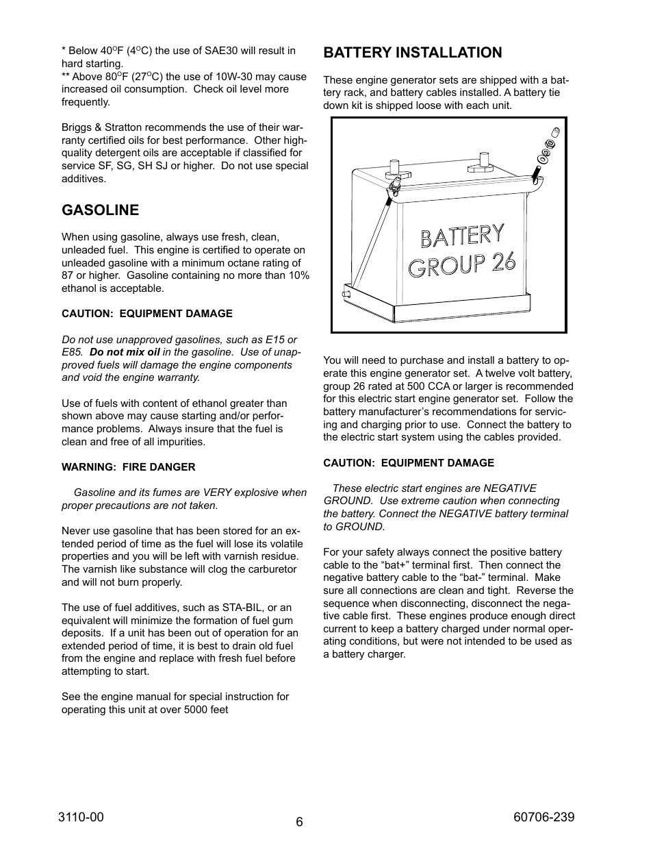 Gasoline, Battery installation | Winco WL18000VE/N User Manual | Page 6 / 16