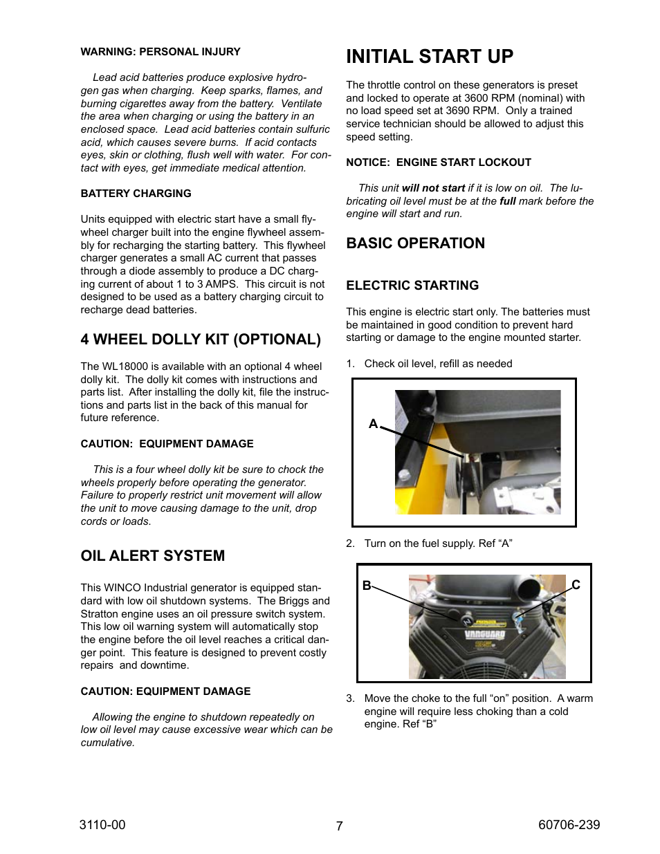 Initial start up, 4 wheel dolly kit (optional), Oil alert system | Basic operation | Winco WL18000VE/N User Manual | Page 7 / 16