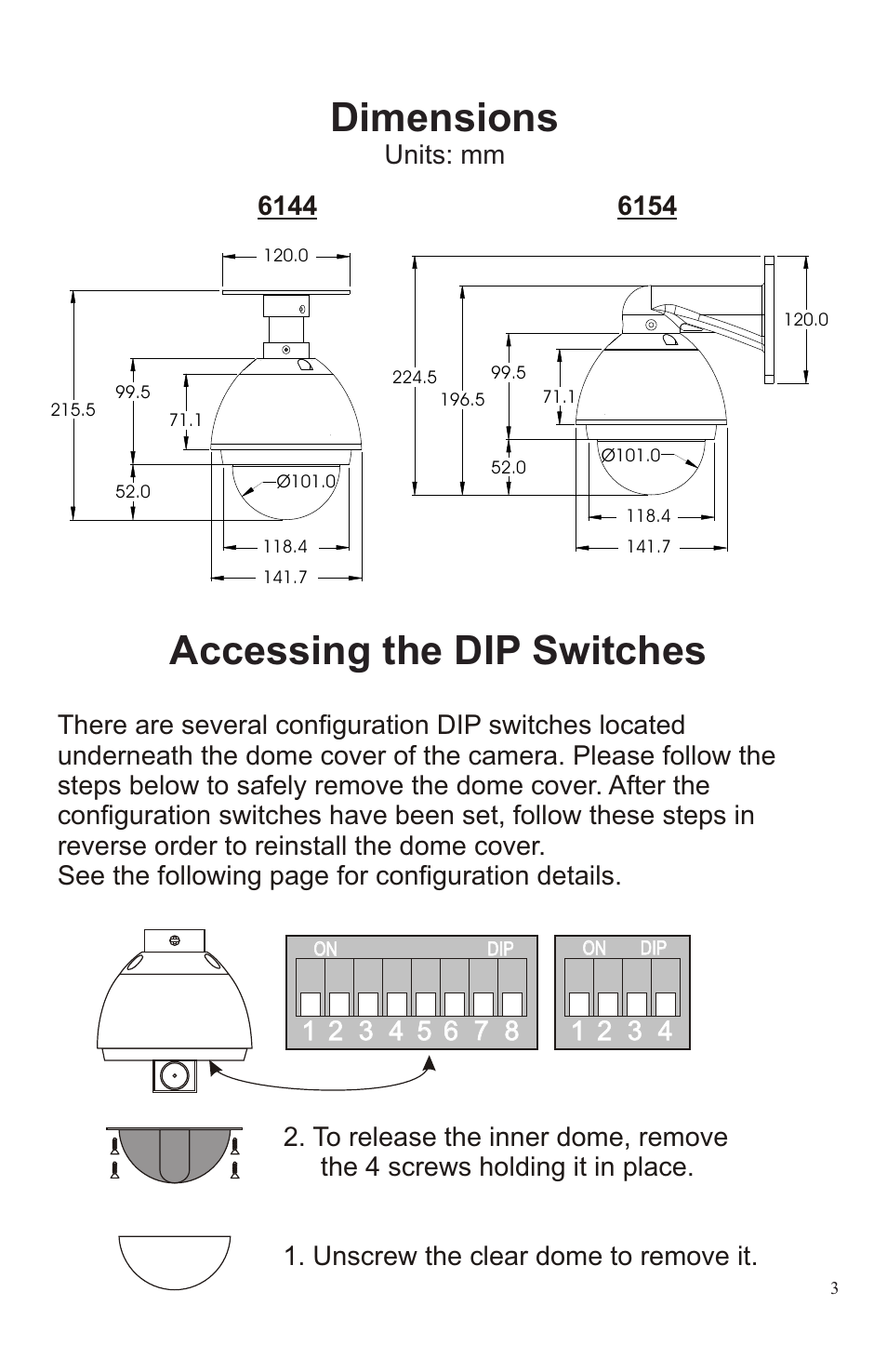 Dimensions, Accessing the dip switches | Channel Vision 6144 User Manual | Page 3 / 8