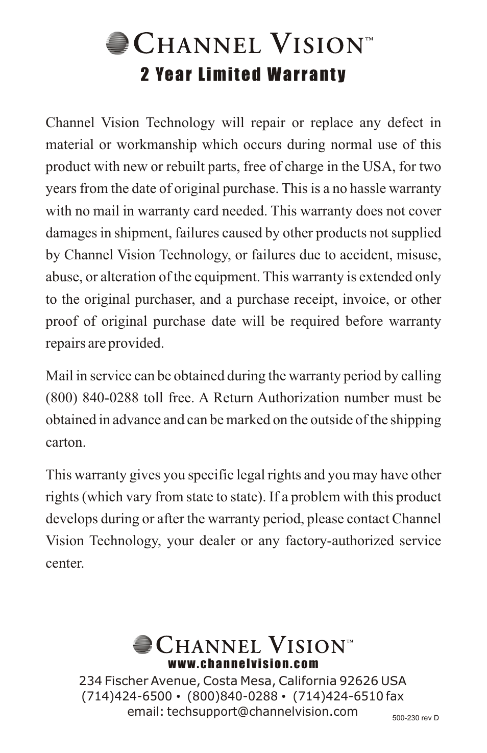 Channel Vision 6144 User Manual | Page 8 / 8