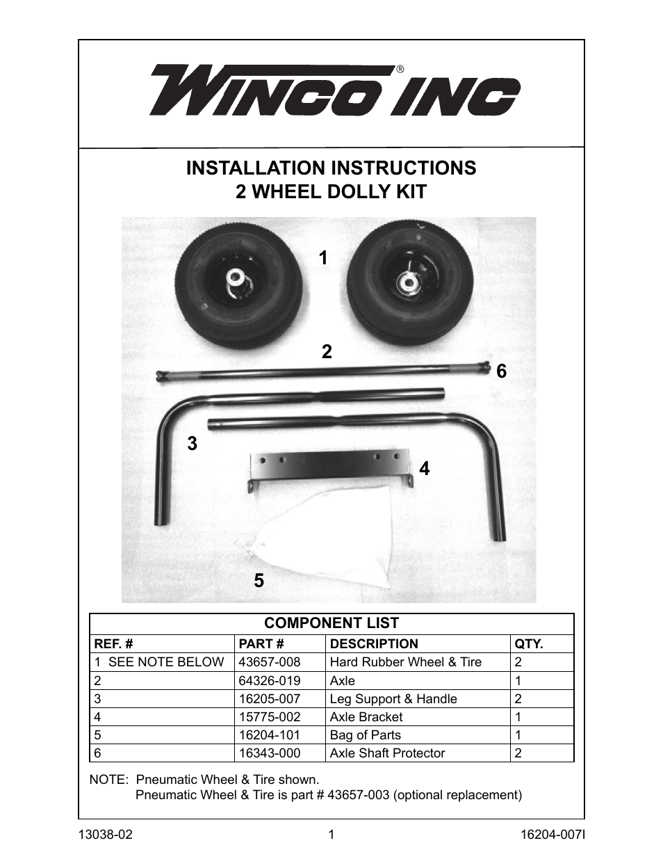Winco 2-Wheel Dolly Kit Assembly Instructions (2013) User Manual | 4 pages