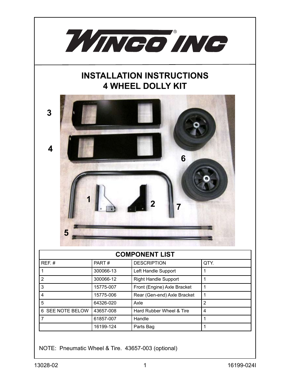 Winco 4-Wheel Dolly Kit Assembly Instructions for WL12000HE, WL18000VE, HPS12000HE/F (2013) User Manual | 4 pages