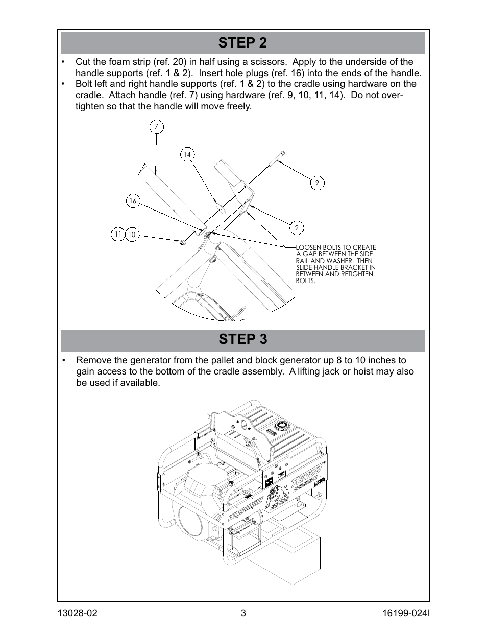 Step 2 step 3 | Winco 4-Wheel Dolly Kit Assembly Instructions for WL12000HE, WL18000VE, HPS12000HE/F (2013) User Manual | Page 3 / 4