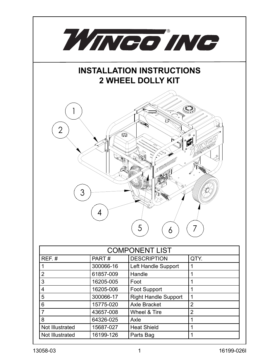 Winco 2-Wheel Dolly Kit Assembly Instructions for 5 KW thru 9 KW (except storm unit) (2013) User Manual | 4 pages